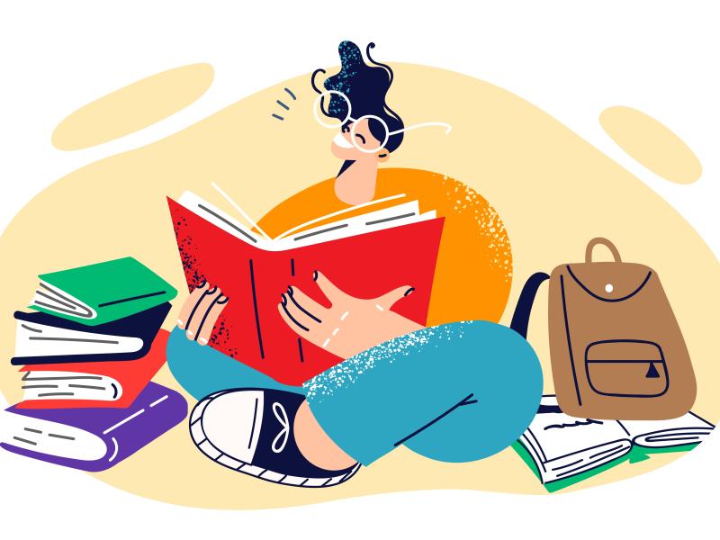 tegning af glad ung kvinde med briller omgivet af bøger