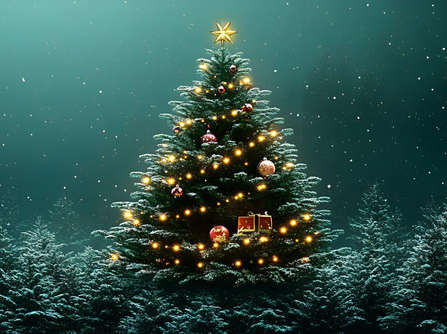 pyntet juletr på en mørkegrøn baggrund med en skov af mørkegrønne juletræer forneden