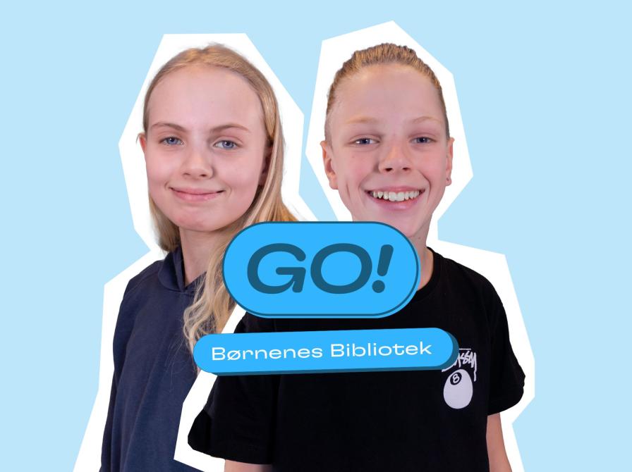 to børn og logoet GO! samt teksten "Børnenes bibliotek" på en lyseblå baggrund